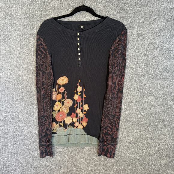 Lucky Brand Tops - Lucky Brand Shirt Womens Large Vintage Henley Black Embroidered Knit Y2K Japan